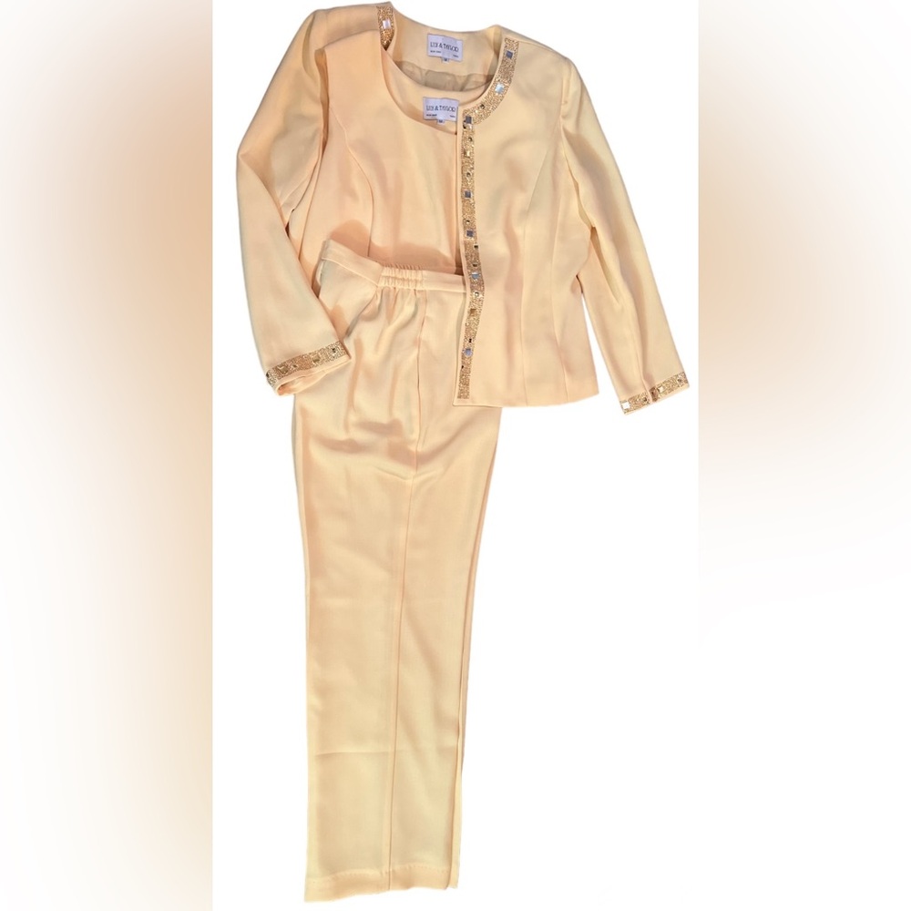 3pc light yellow suit with embellishment on front of jacket and sleeves.